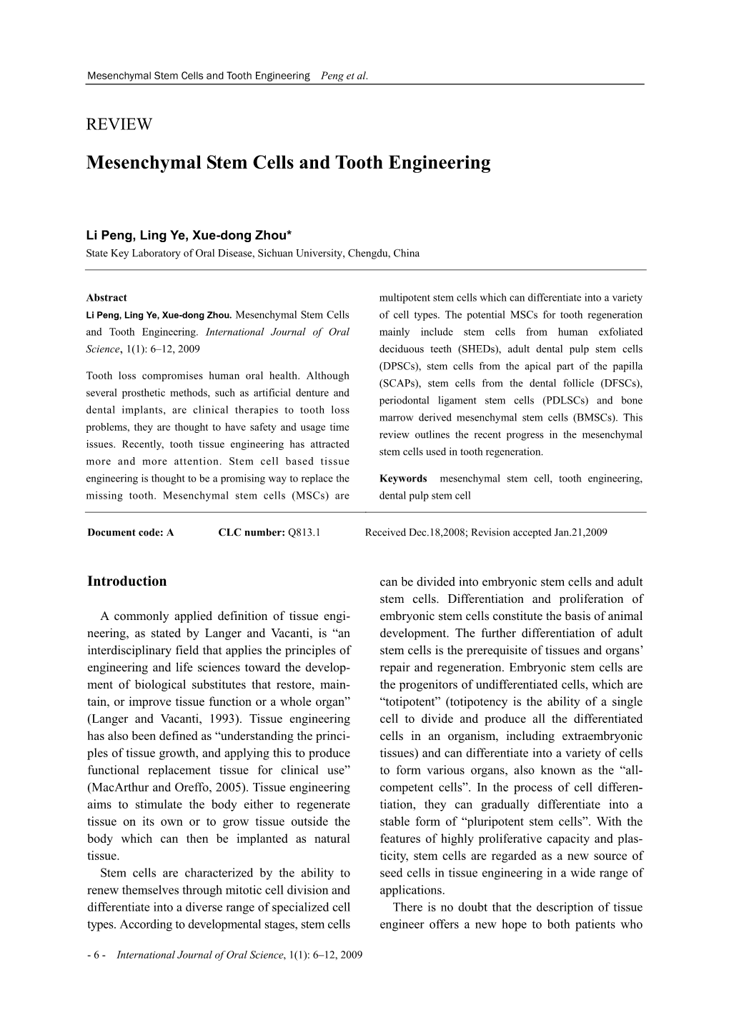 Mesenchymal Stem Cells and Tooth Engineering Peng Et Al