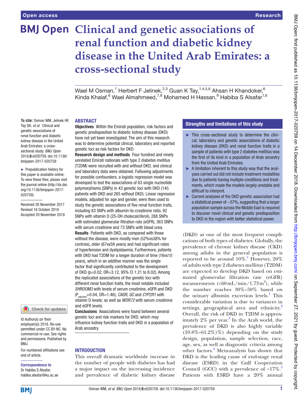 Clinical and Genetic Associations of Renal Function and Diabetic Kidney Disease in the United Arab Emirates: a Cross-Sectional Study