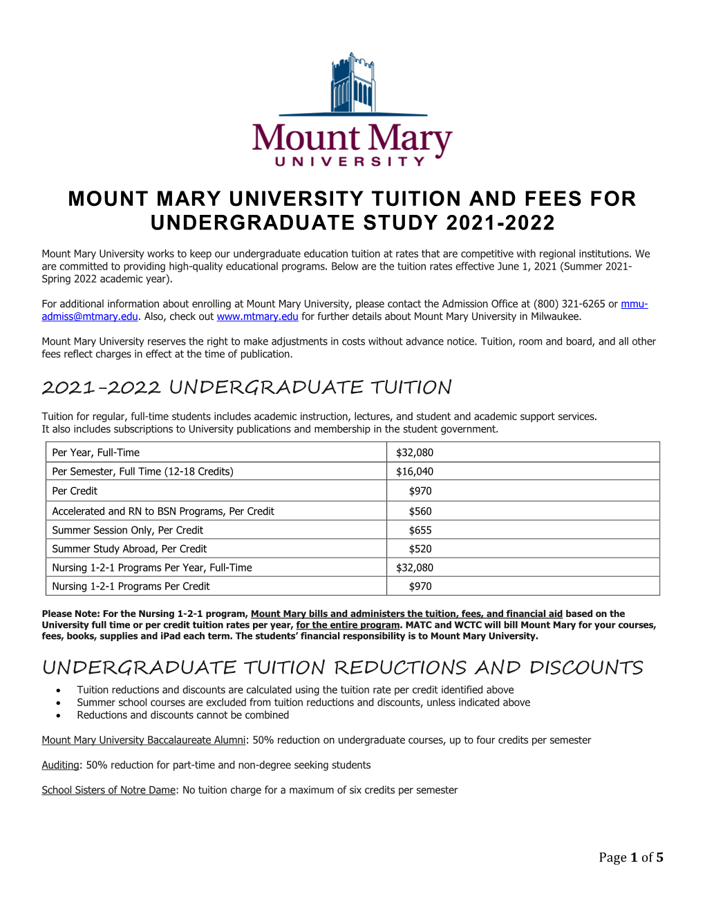 Mount Mary University Tuition and Fees for Undergraduate Study 2021-2022