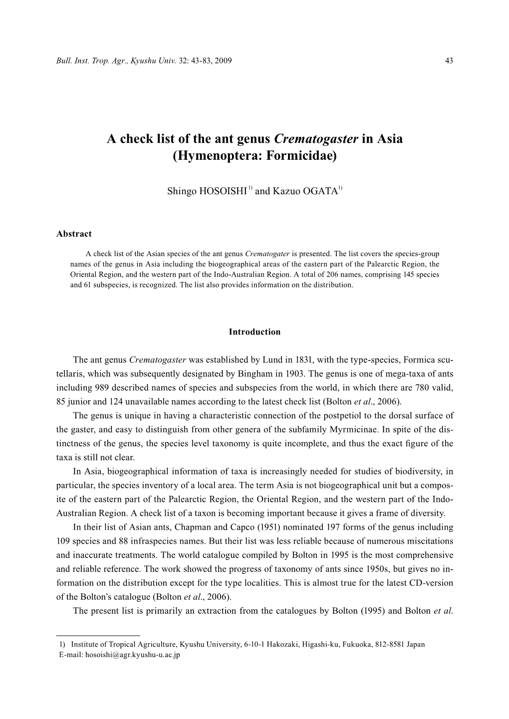 A Check List of the Ant Genus Crematogaster in Asia (Hymenoptera: Formicidae)