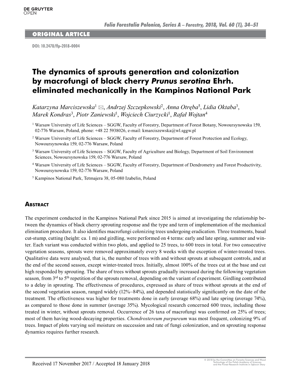The Dynamics of Sprouts Generation and Colonization by Macrofungi of Black Cherry Prunus Serotina Ehrh