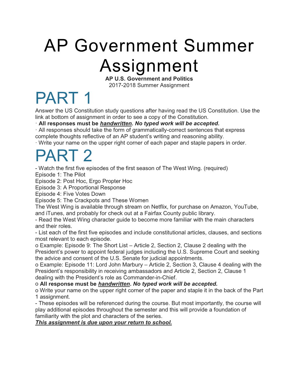 AP Government Summer Assignment AP U.S