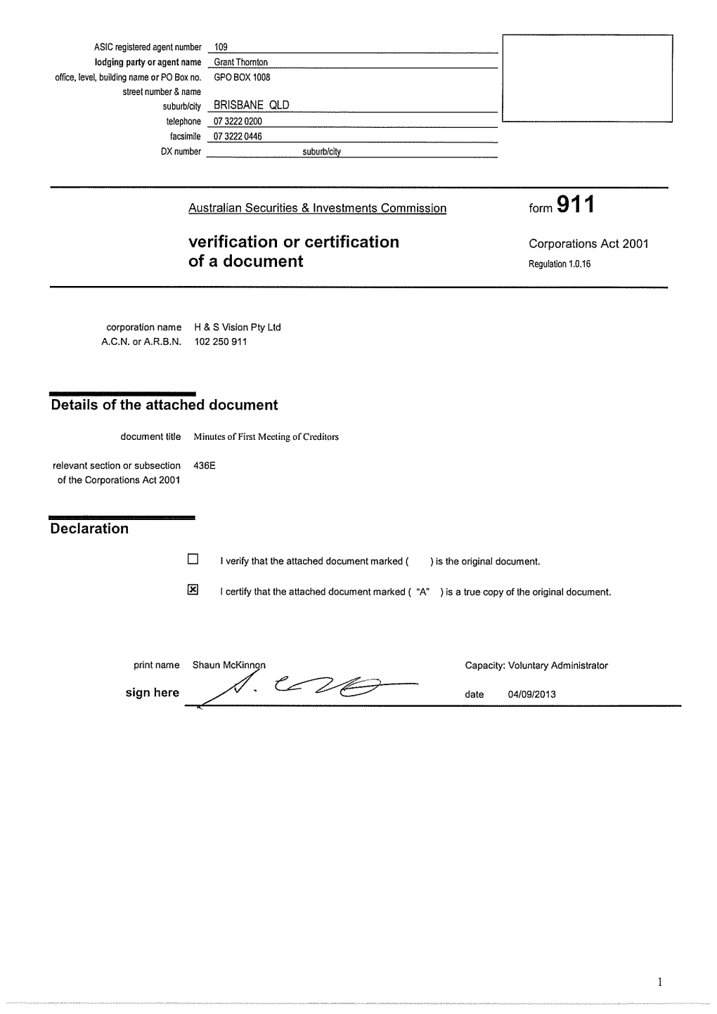 Verification Or Certification of a Document