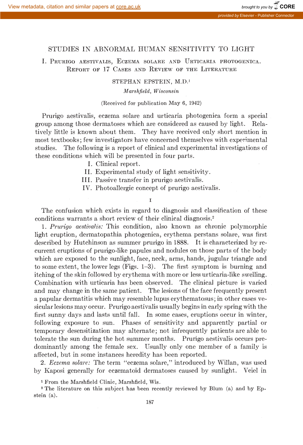 Studies in Abnormal Human Sensitivity to Light I