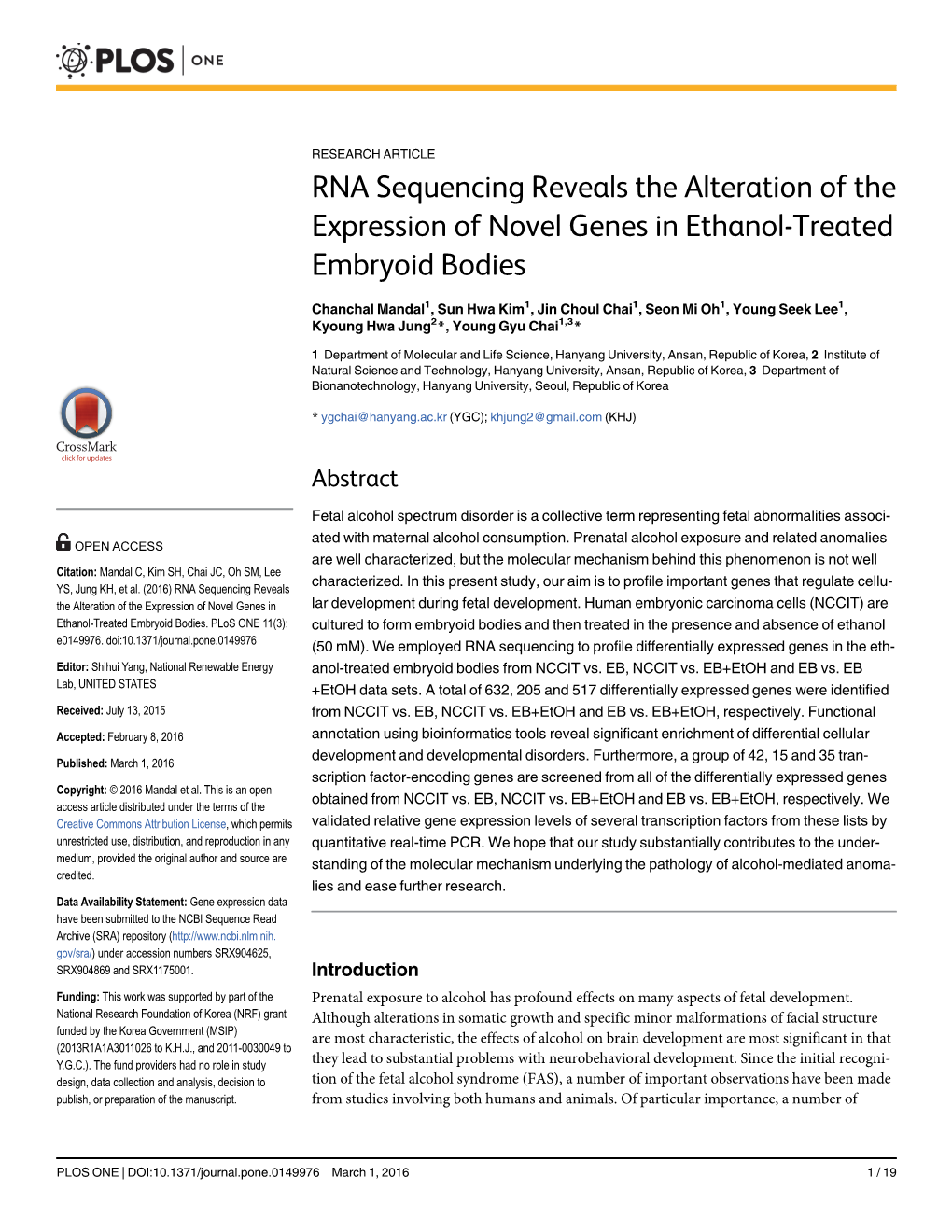 RNA Sequencing Reveals the Alteration of the Expression of Novel Genes in Ethanol-Treated Embryoid Bodies