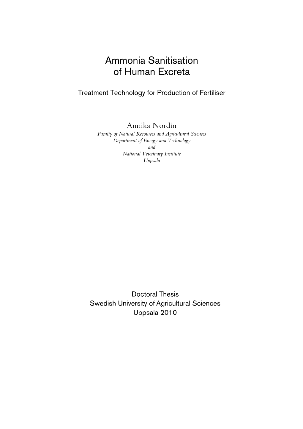 Ammonia Sanitisation of Human Excreta