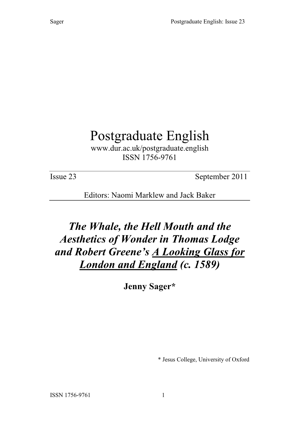 The Whale, the Hell Mouth and the Aesthetics of Wonder in Thomas Lodge and Robert Greene’S a Looking Glass for London and England (C