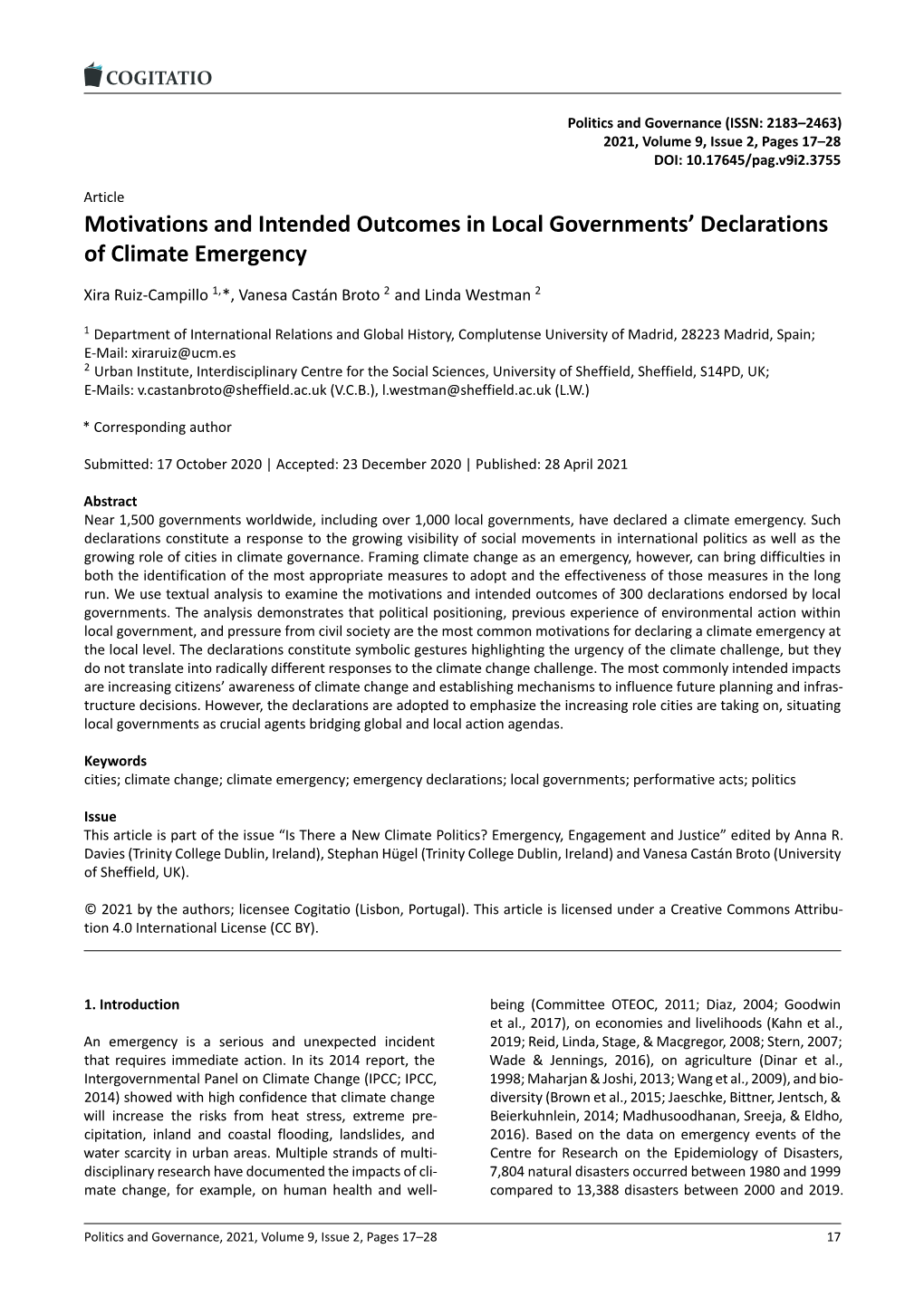 Motivations and Intended Outcomes in Local Governments' Declarations