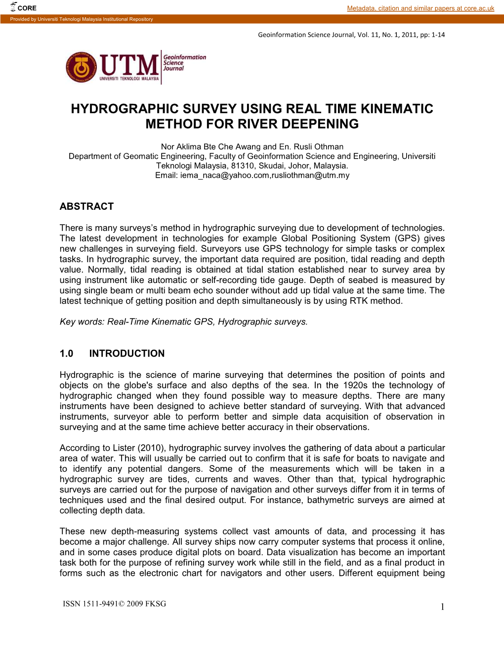 Hydrographic Survey Using Real Time Kinematic Method for River Deepening