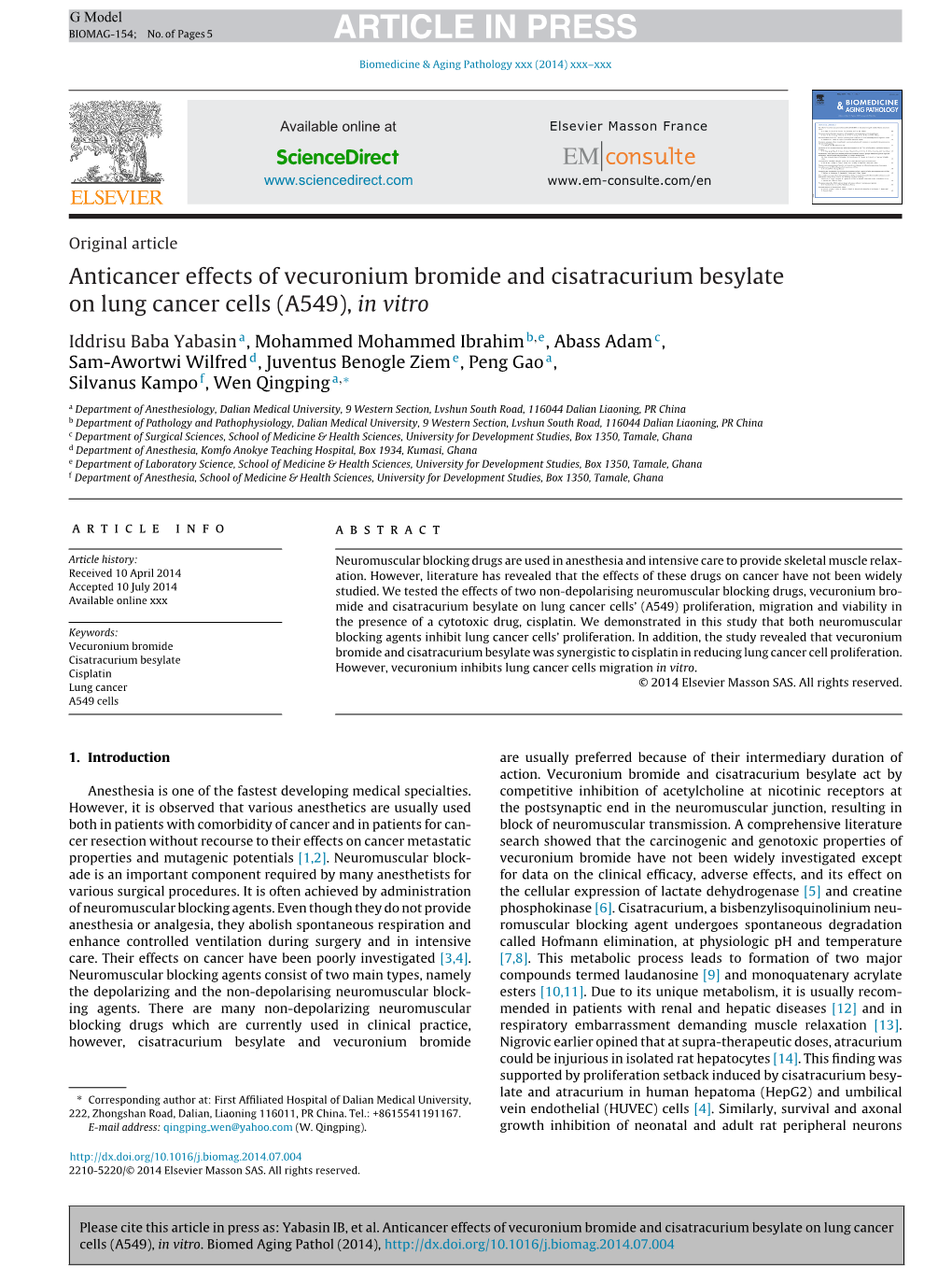 Anticancer Effects of Vecuronium Bromide and Cisatracurium Besylate