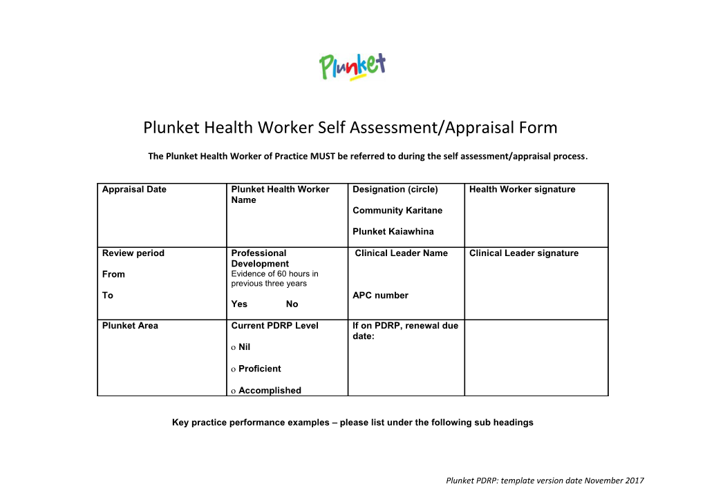 Plunket Health Worker Self Assessment/Appraisal Form