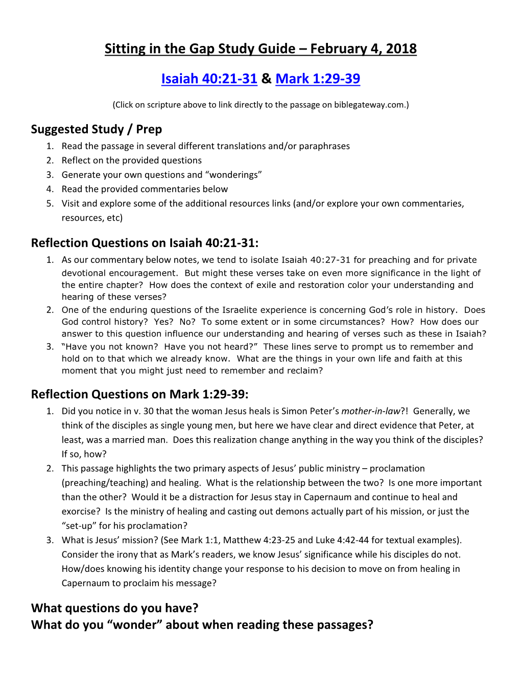 Sitting in the Gap Study Guide – February 4, 2018 Isaiah 40:21-31 & Mark 1:29-39