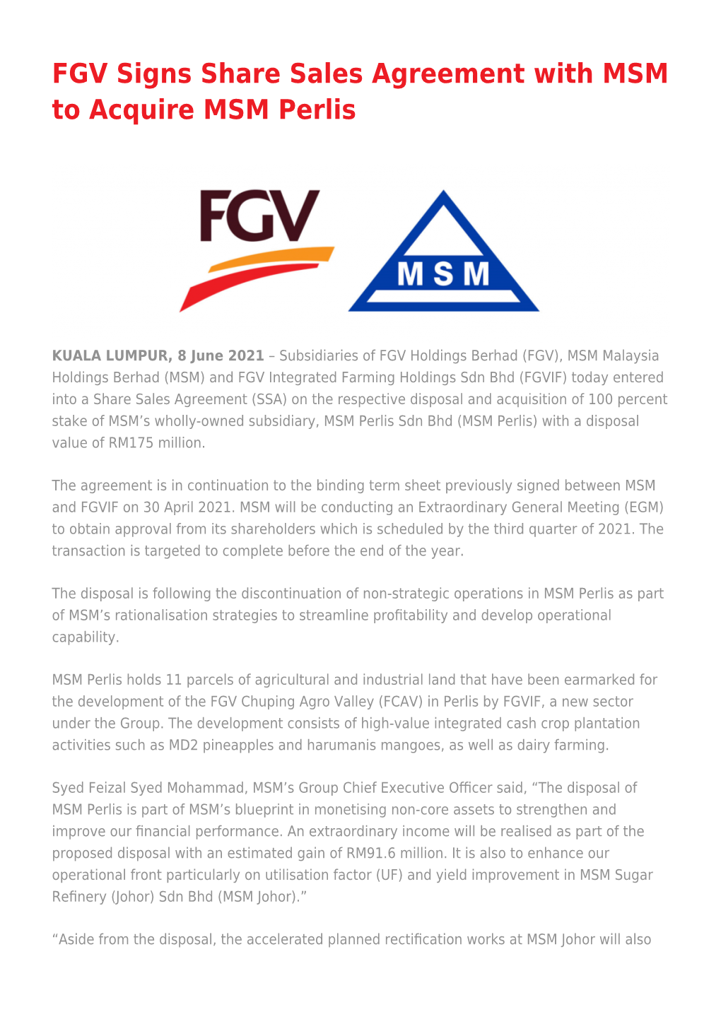 FGV Signs Share Sales Agreement with MSM to Acquire MSM Perlis