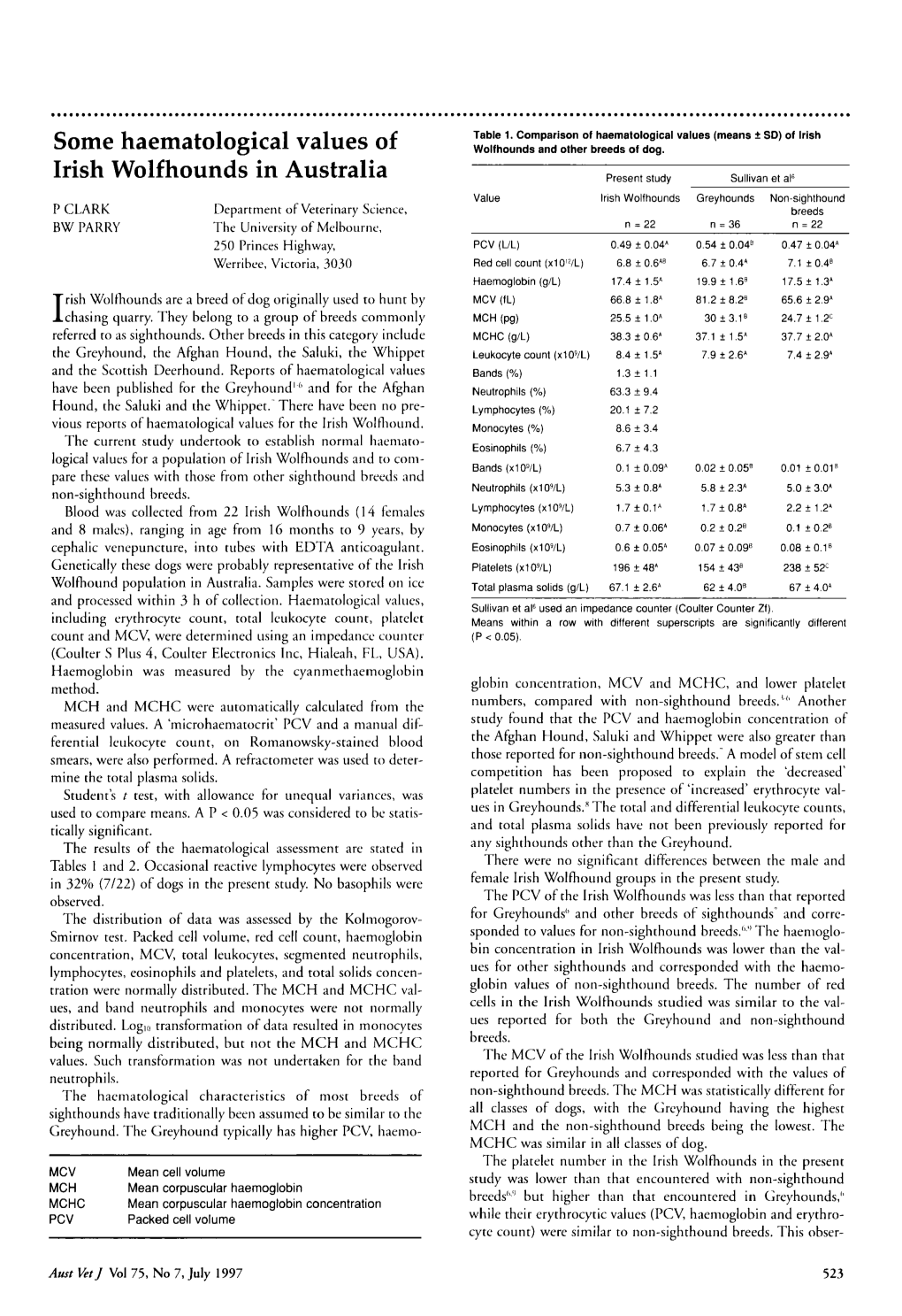 Some Haematological Values of Irish Wolfhounds in Australia