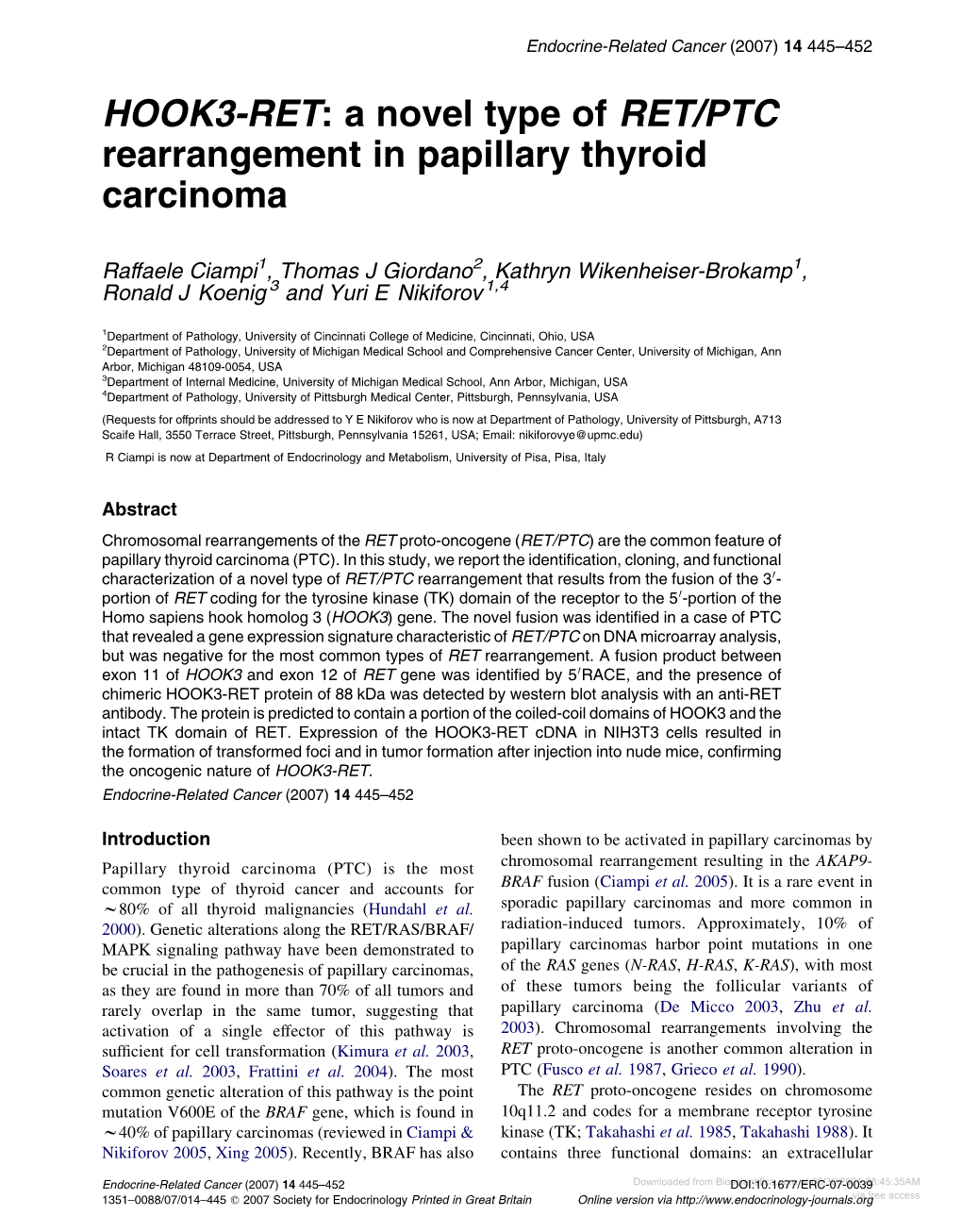 HOOK3-RET: a Novel Type of RET/PTC Rearrangement in Papillary Thyroid Carcinoma