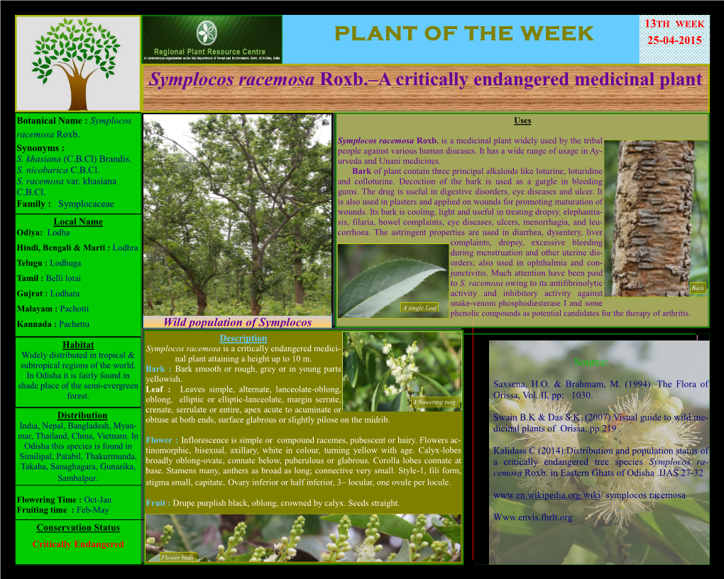 Symplocos Racemosa Roxb.–A Critically Endangered Medicinal Plant