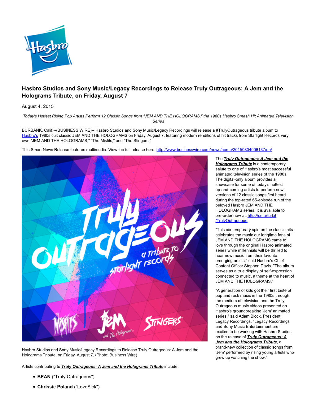 Hasbro Studios and Sony Music/Legacy Recordings to Release Truly Outrageous: a Jem and the Holograms Tribute, on Friday, August 7