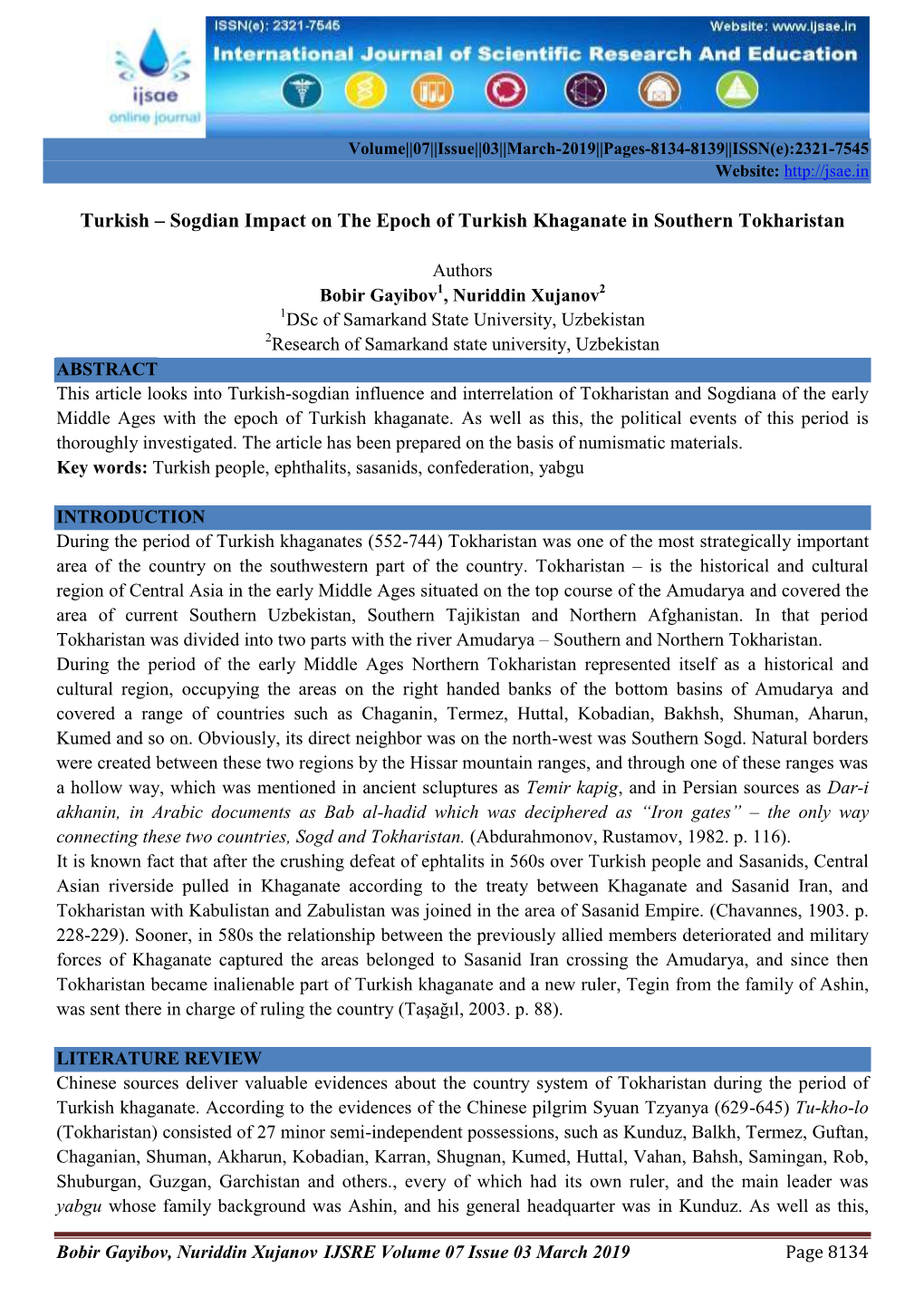 Sogdian Impact on the Epoch of Turkish Khaganate in Southern Tokharistan