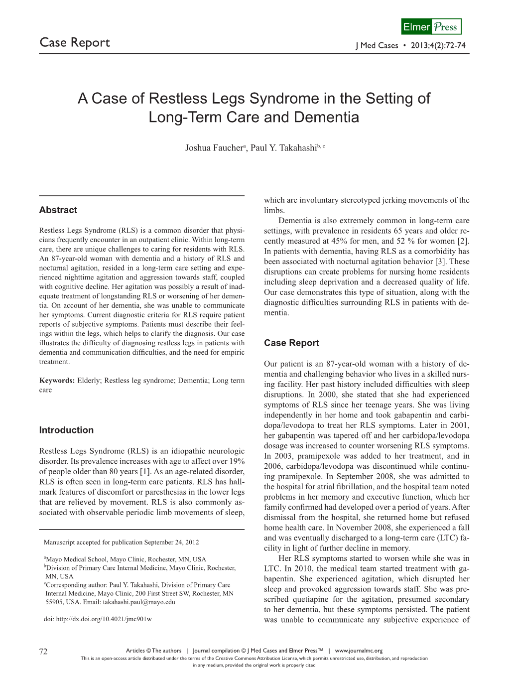 A Case of Restless Legs Syndrome in the Setting of Long-Term Care and Dementia