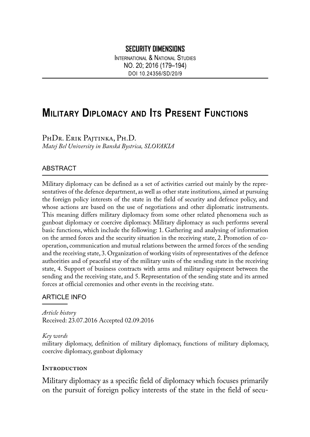 Security Dimensions Military Diplomacy and Its Present