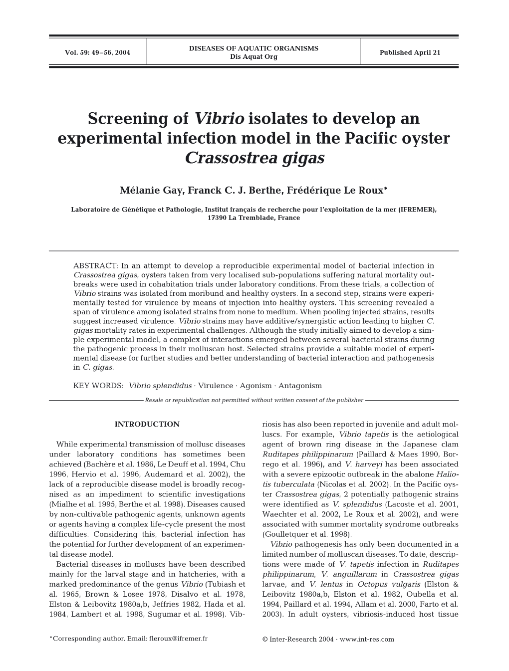 Screening of Vibrio Isolates to Develop an Experimental Infection Model in the Pacific Oyster Crassostrea Gigas