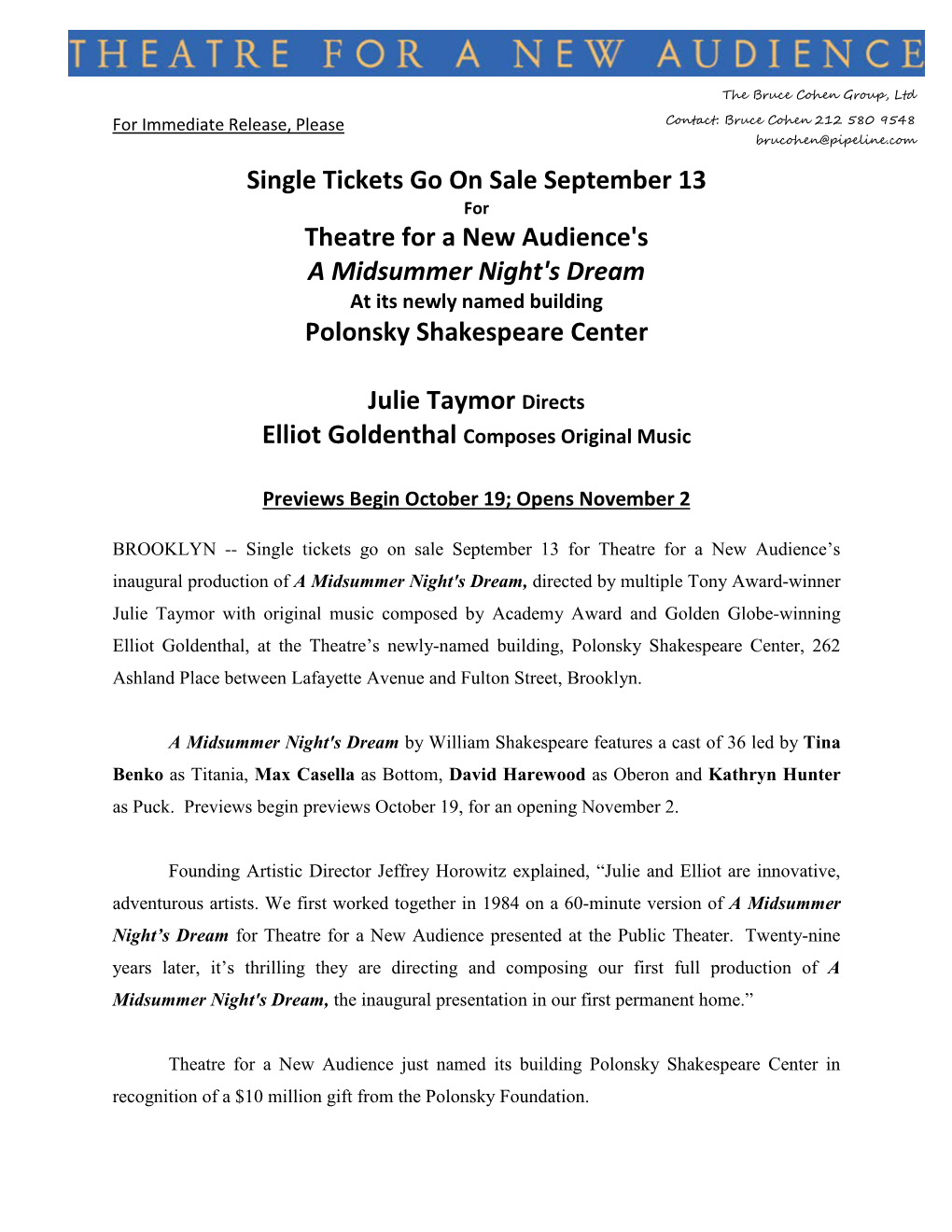 Single Tickets Go on Sale September 13 Theatre for a New Audience's a Midsummer Night's Dream Polonsky Shakespeare Center Julie