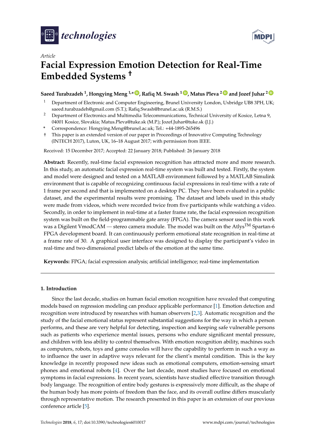 Facial Expression Emotion Detection for Real-Time Embedded Systems †