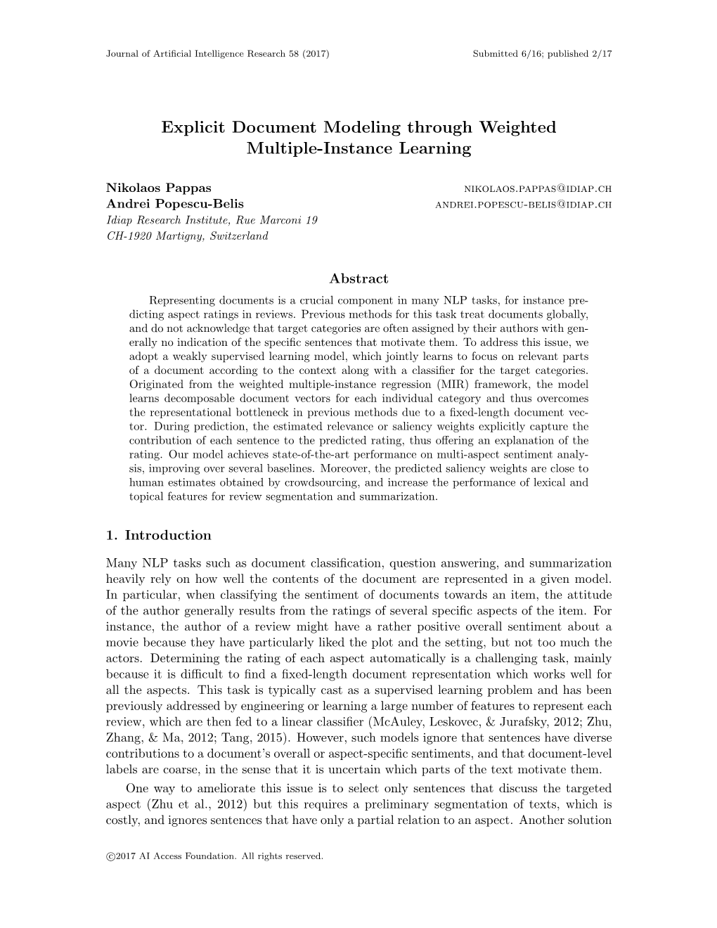 Explicit Document Modeling Through Weighted Multiple-Instance Learning