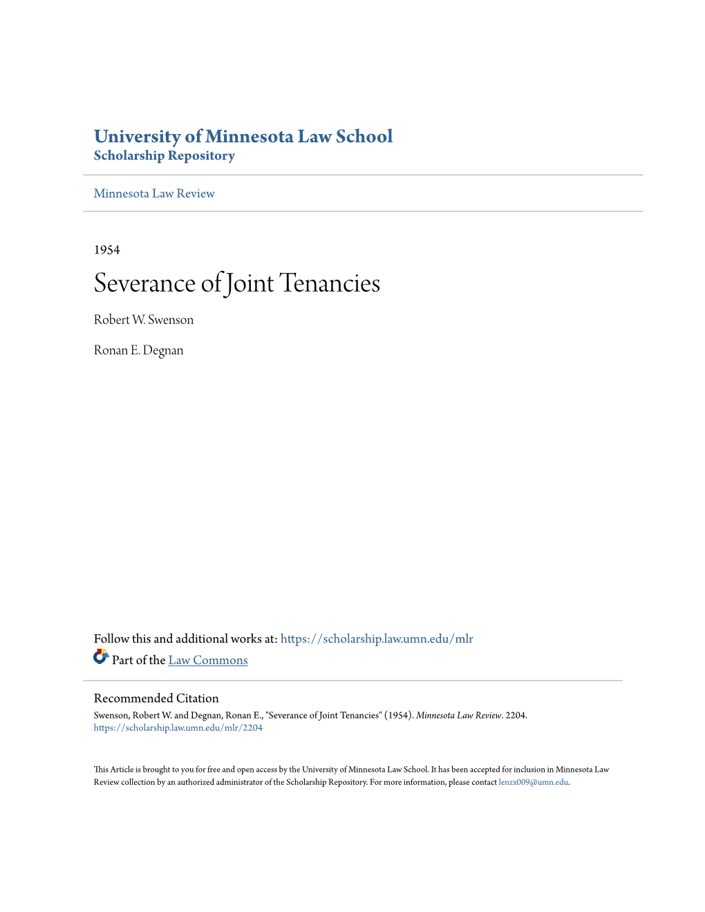 Severance of Joint Tenancies Robert W