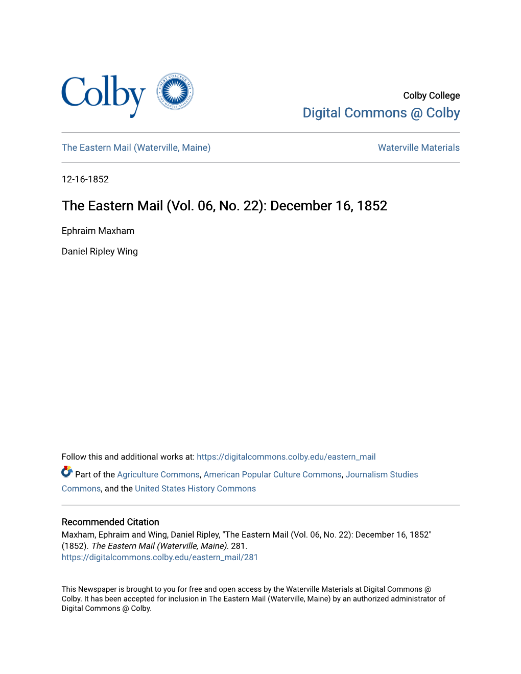 The Eastern Mail (Vol. 06, No. 22): December 16, 1852