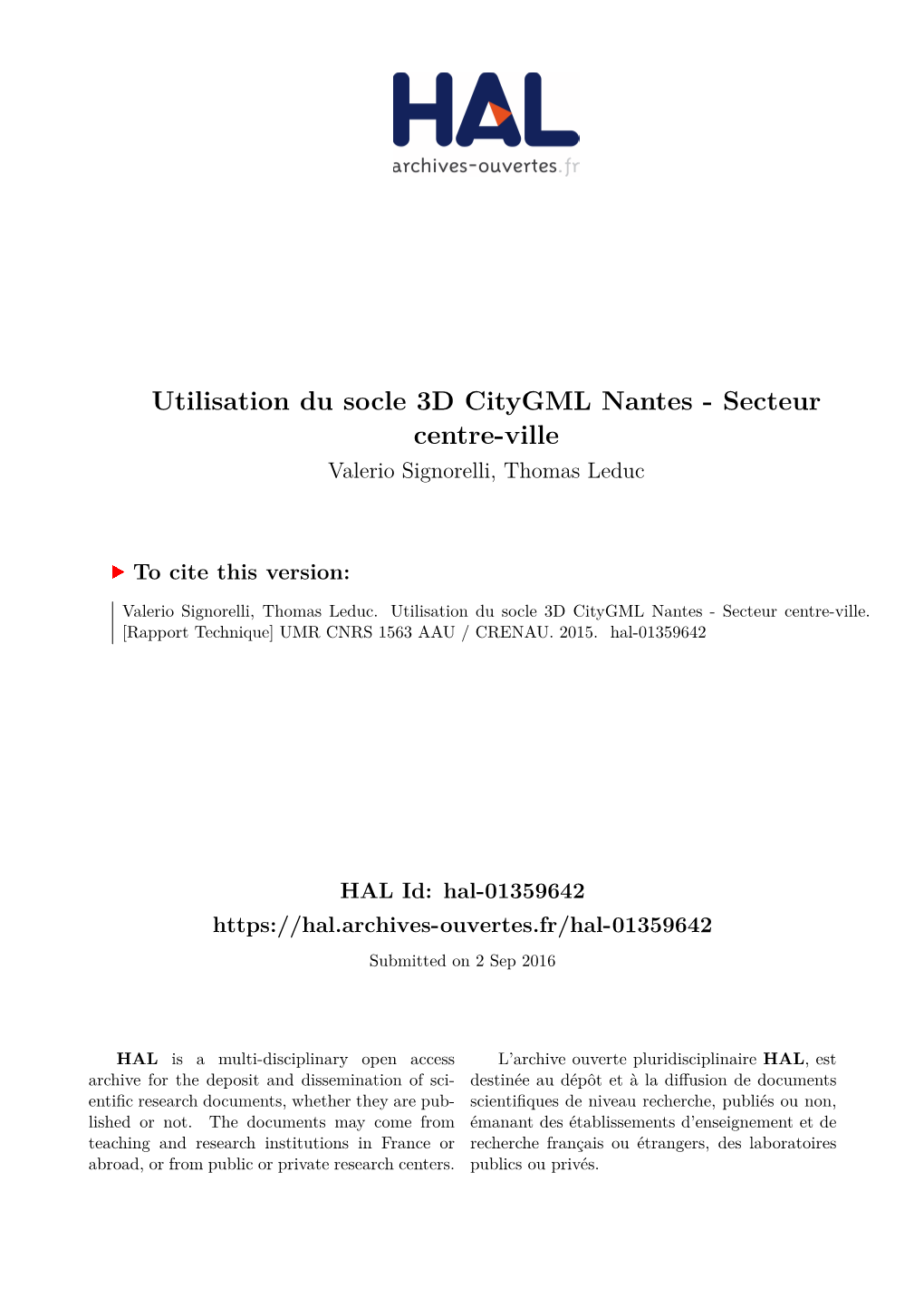 Utilisation Du Socle 3D Citygml Nantes - Secteur Centre-Ville Valerio Signorelli, Thomas Leduc