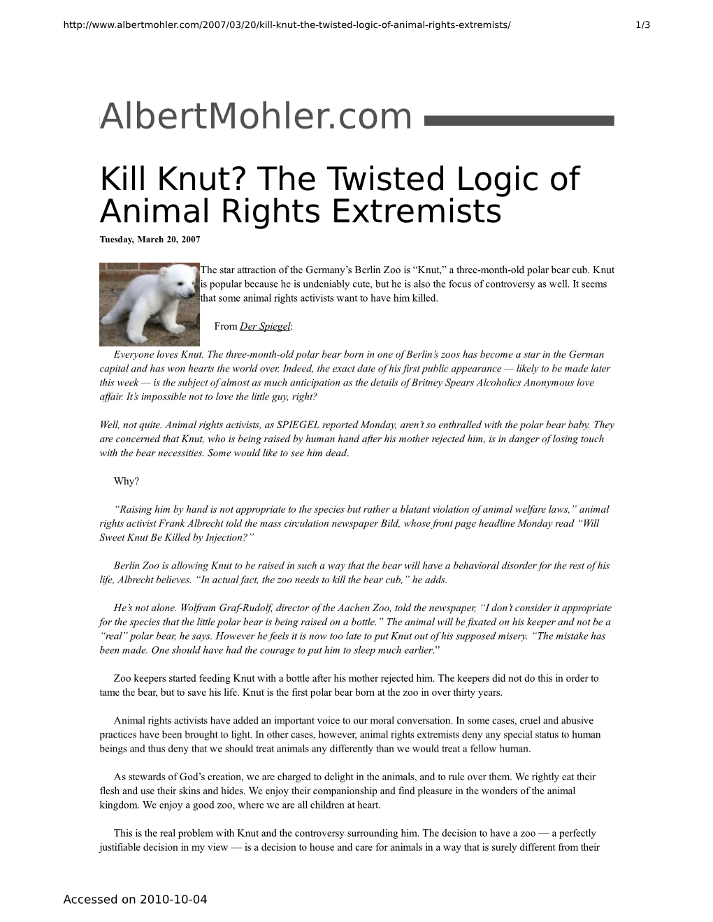 Albertmohler.Com – Kill Knut? the Twisted Logic of Animal Rights