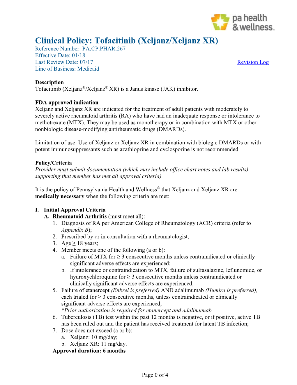 Clinical Policy: Tofacitinib (Xeljanz/Xeljanz