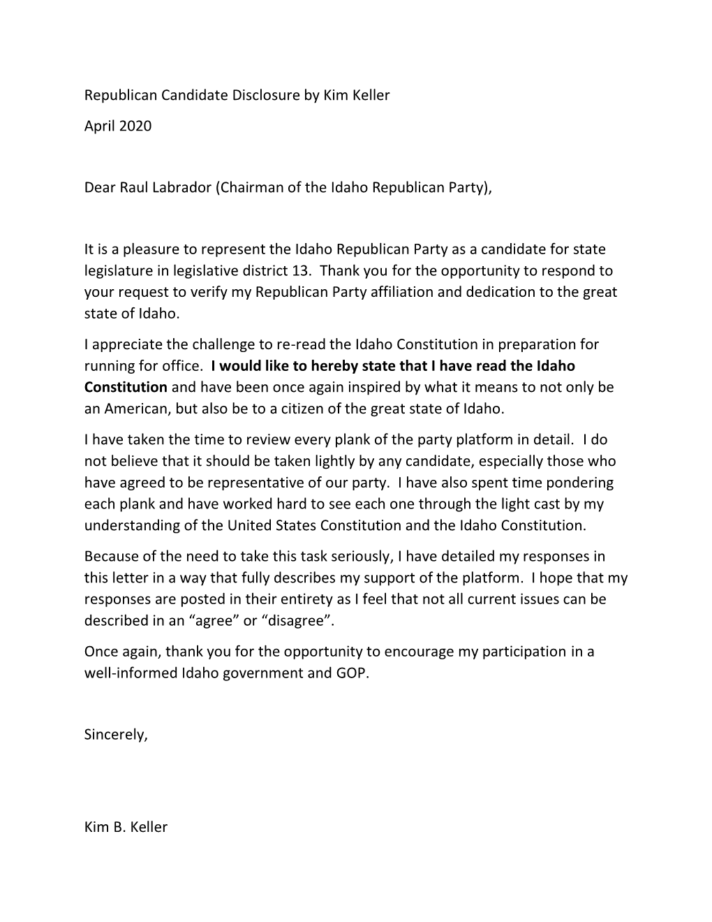 Republican Candidate Disclosure by Kim Keller April 2020