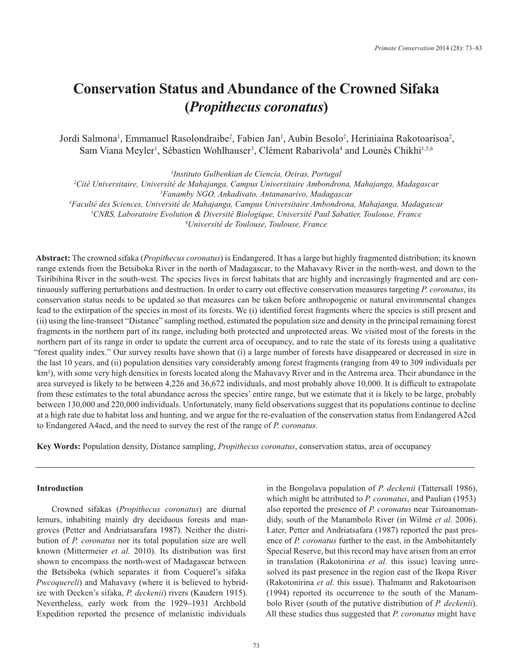 Conservation Status of Propithecus Coronatus