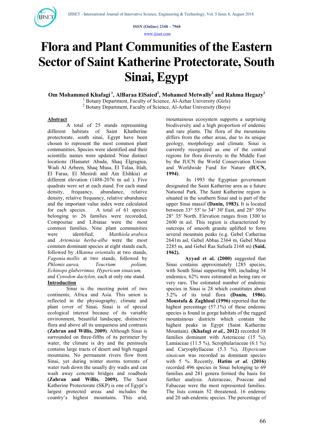 Flora and Plant Communities of the Eastern Sector of Saint Katherine Protectorate, South Sinai, Egypt