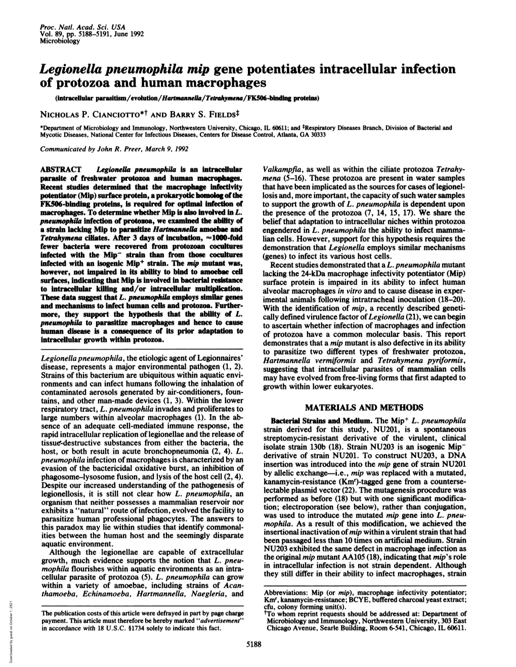 Legionella Pneumophila Mip Gene Potentiates Intracellular Infection Of