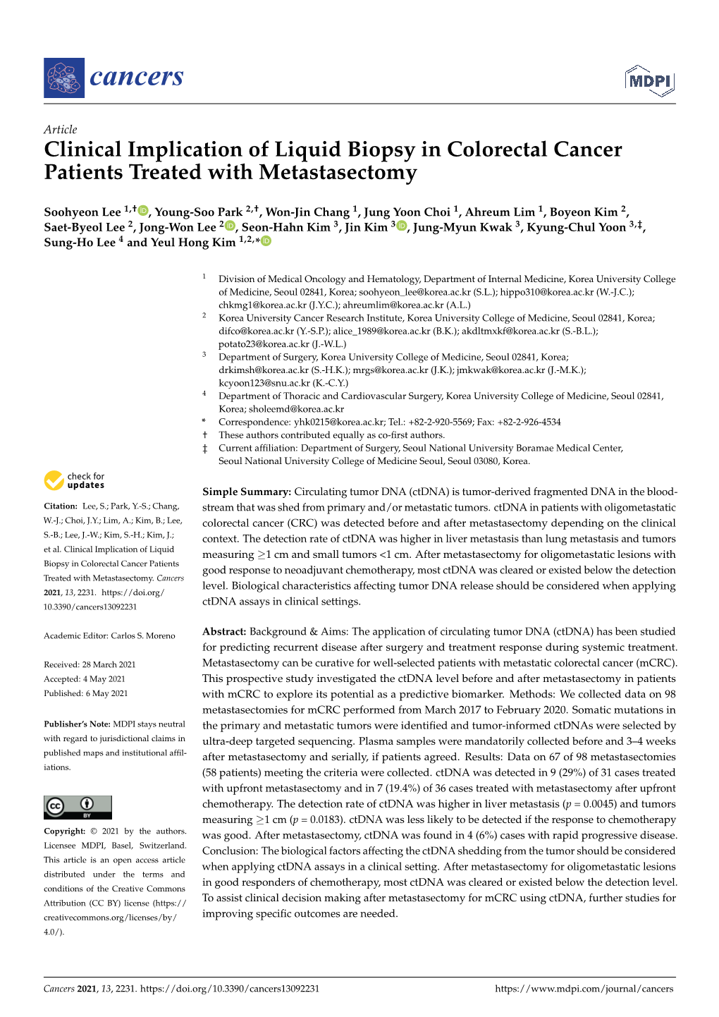 Clinical Implication of Liquid Biopsy in Colorectal Cancer Patients Treated with Metastasectomy