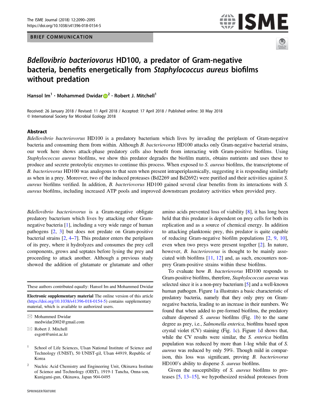 Bdellovibrio Bacteriovorus HD100, a Predator of Gram-Negative Bacteria, Beneﬁts Energetically from Staphylococcus Aureus Bioﬁlms Without Predation