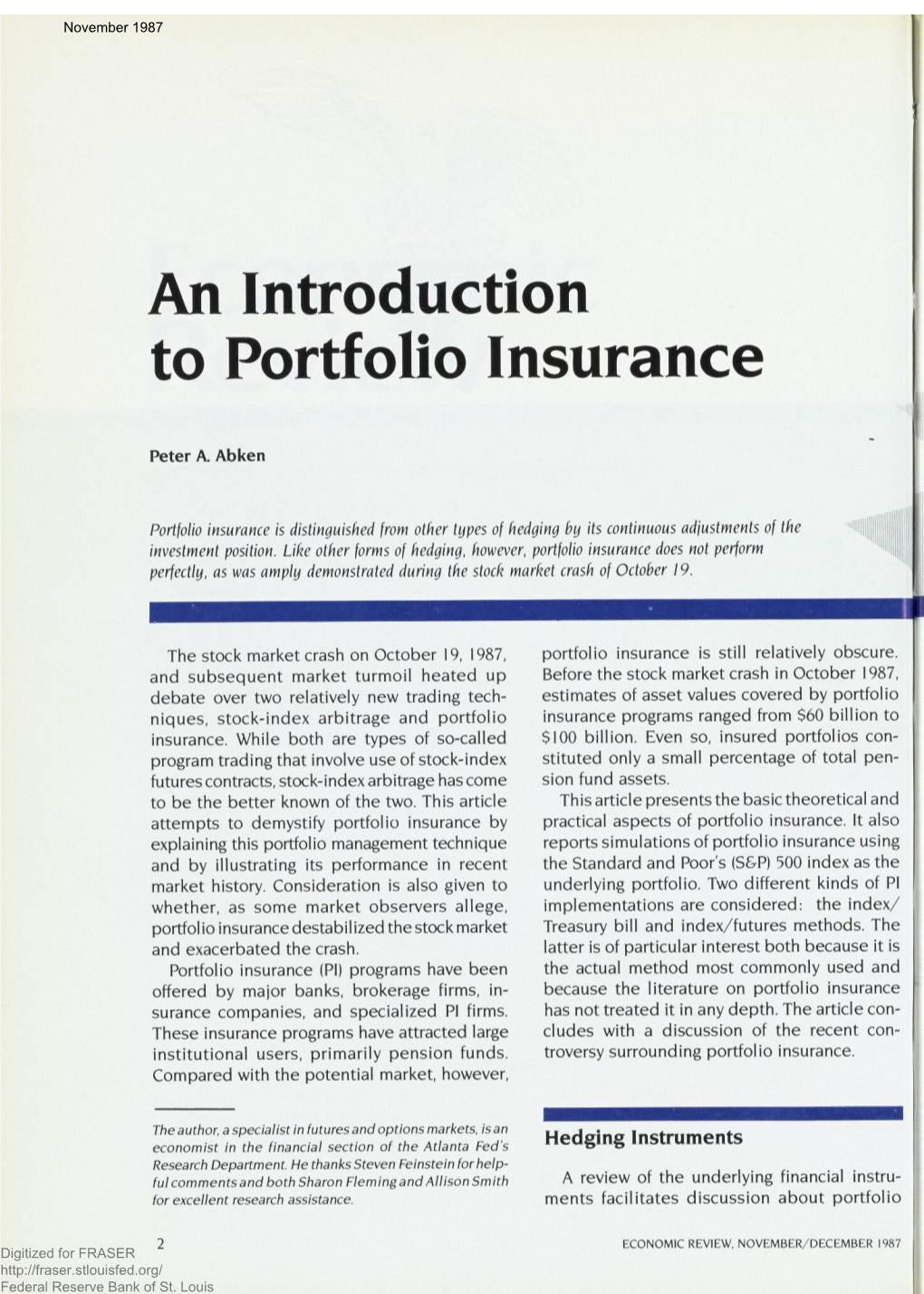 An Introduction to Portfolio Insurance