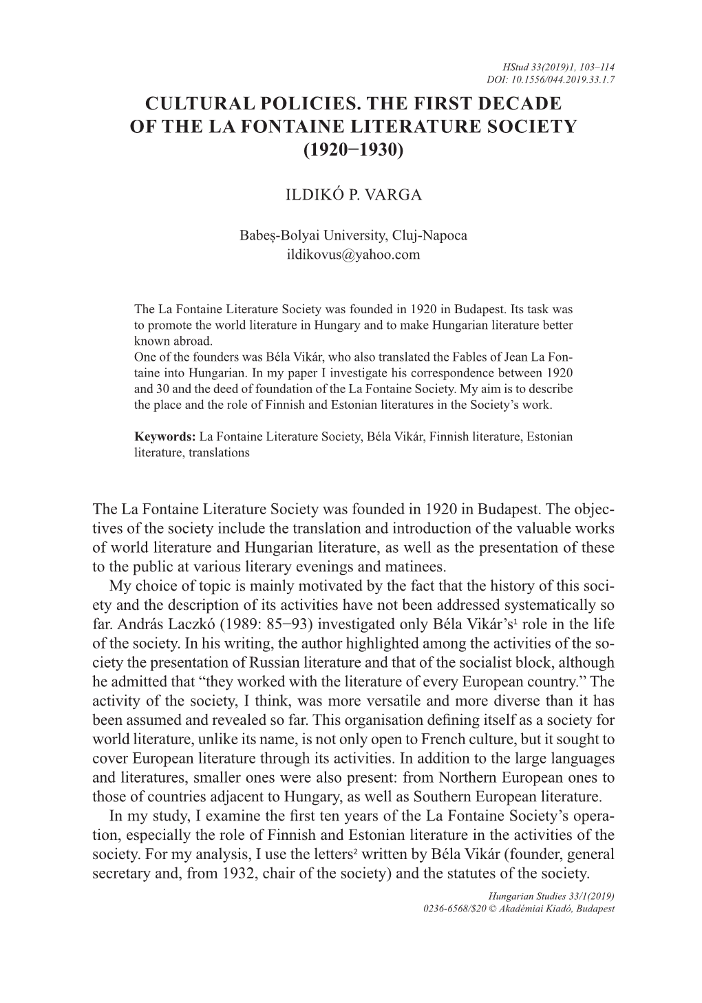 Cultural Policies. the First Decade of the La Fontaine Literature Society (1920−1930)