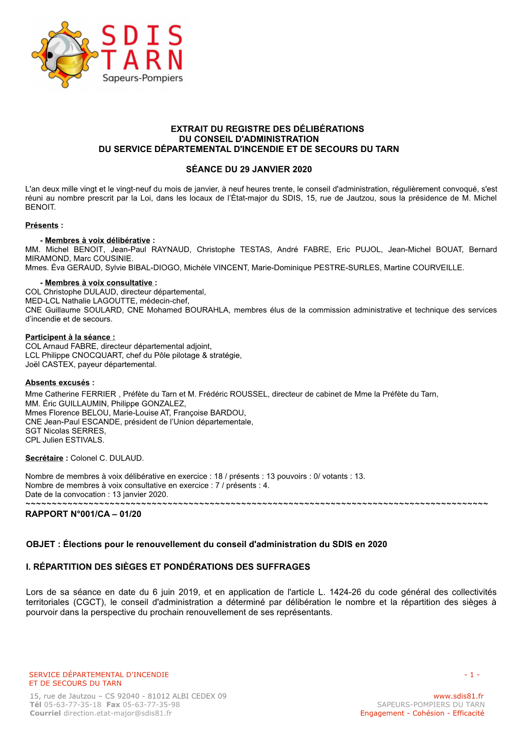 Extrait Du Registre Des Délibérations Du Conseil D'administration Du Service Départemental D'incendie Et De Secours Du Tarn