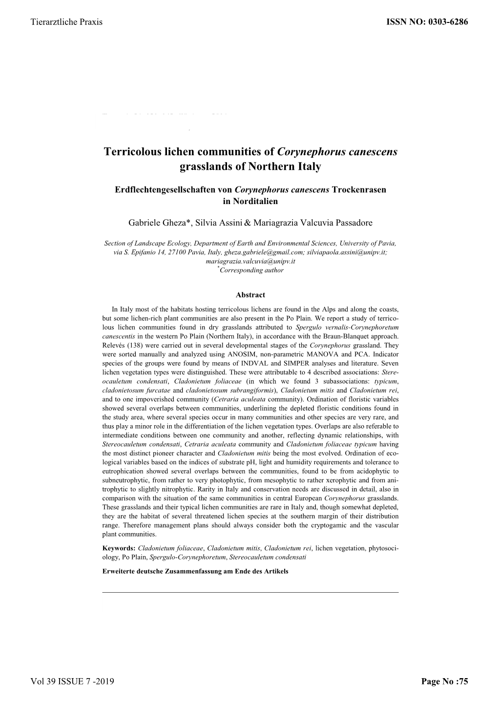 Terricolous Lichen Communities of Corynephorus Canescens Grasslands of Northern Italy