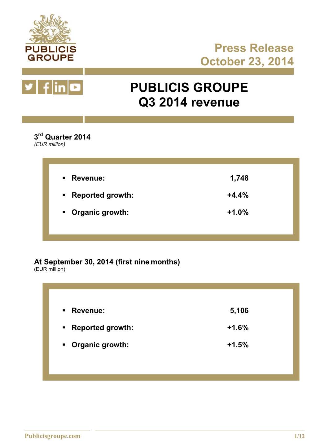 PUBLICIS GROUPE Q3 2014 Revenue