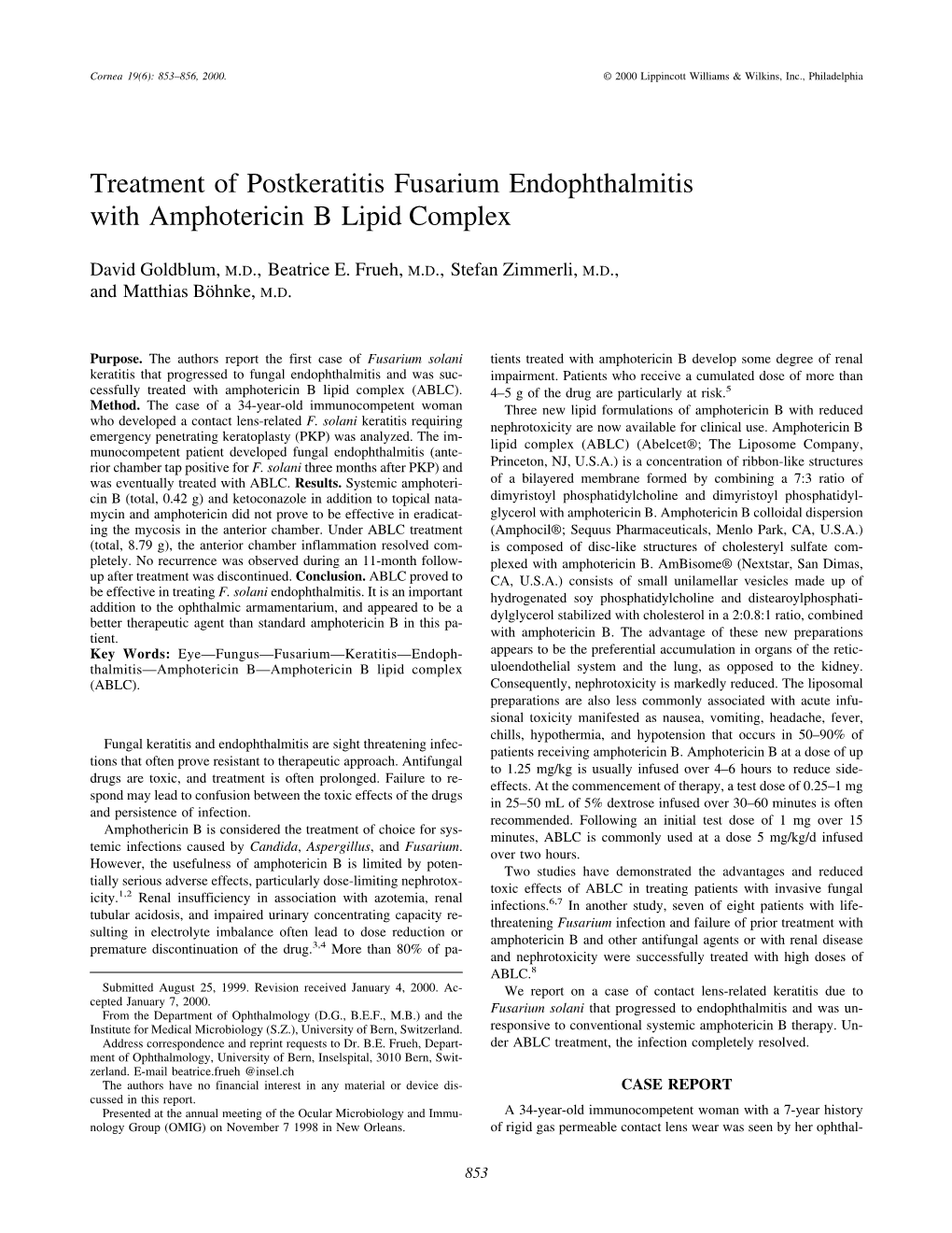 Treatment of Postkeratitis Fusarium Endophthalmitis with Amphotericin B Lipid Complex