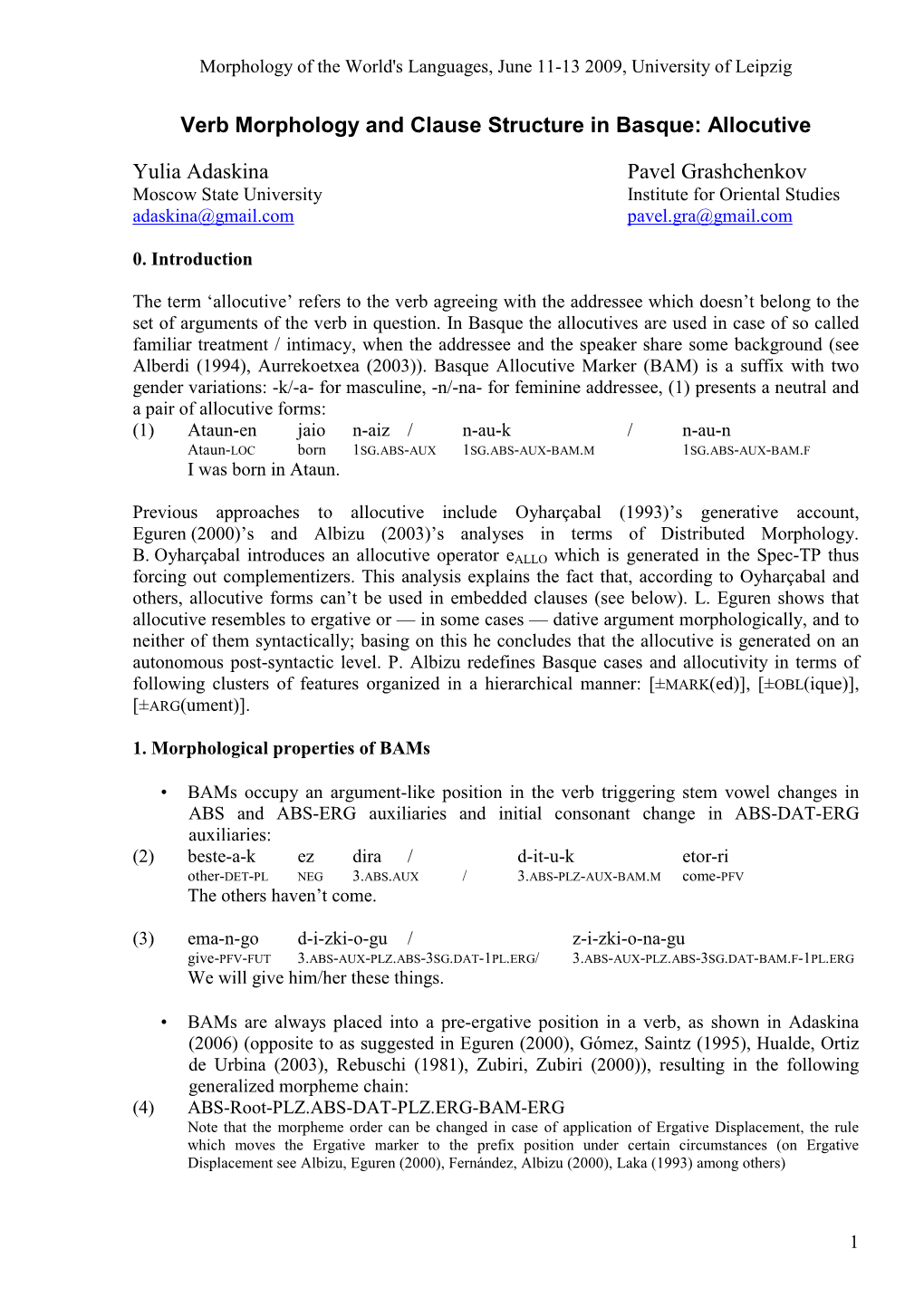 Verb Morphology and Clause Structure in Basque: Allocutive