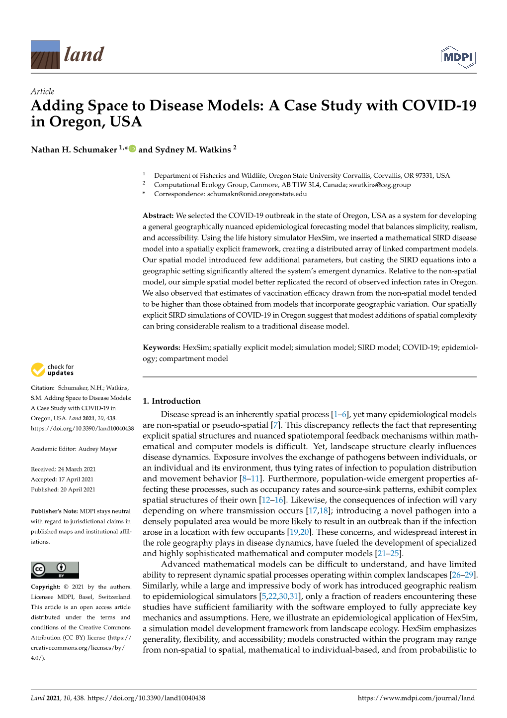 Adding Space to Disease Models: a Case Study with COVID-19 in Oregon, USA