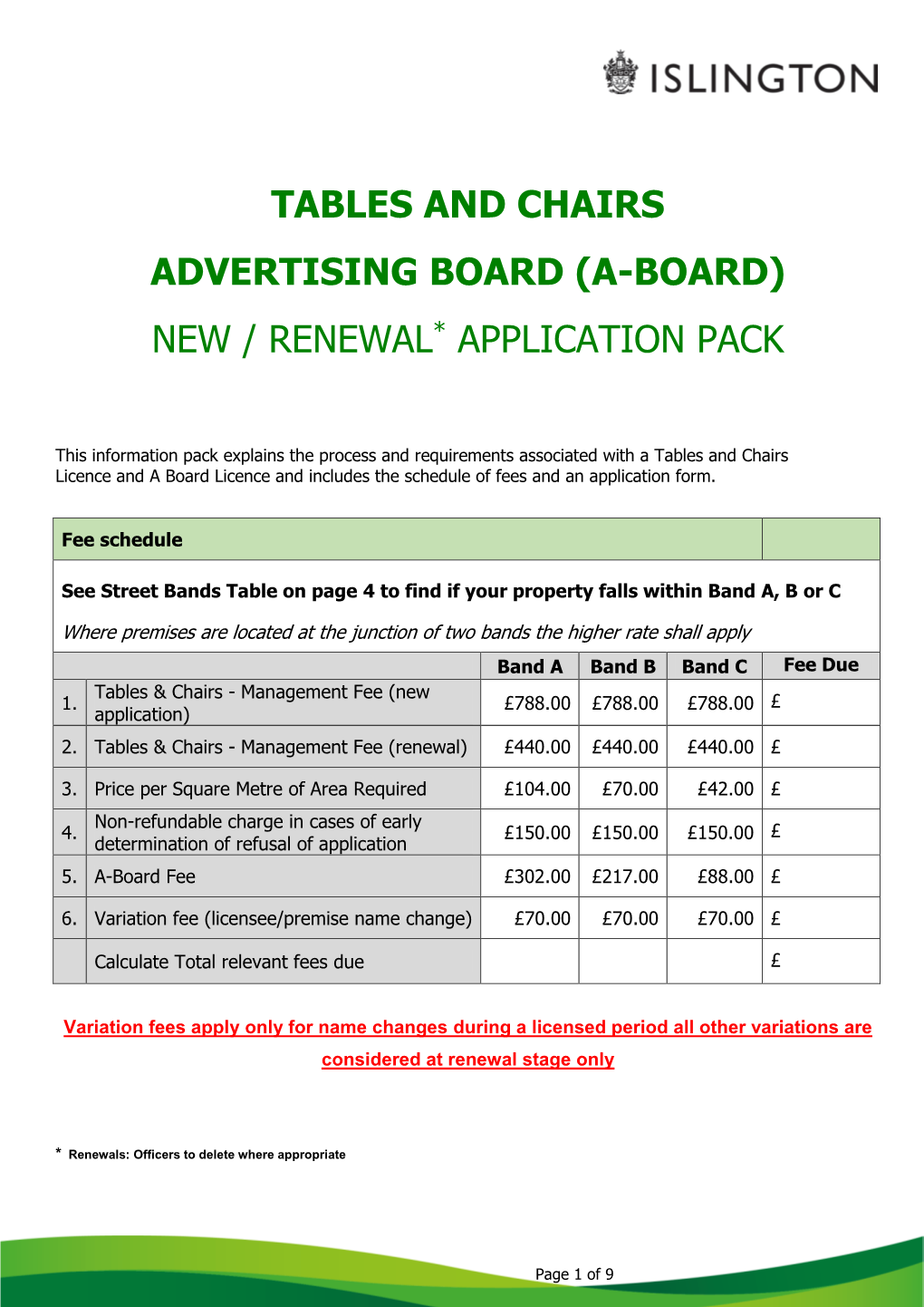 Tables and Chairs Advertising Board (A-Board) New / Renewal* Application Pack