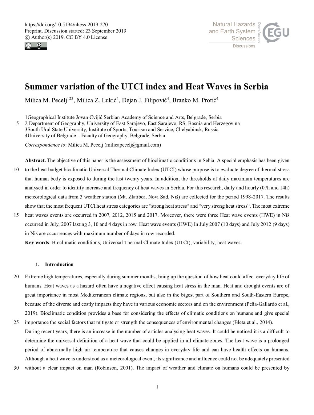 Summer Variation of the UTCI Index and Heat Waves in Serbia Milica M