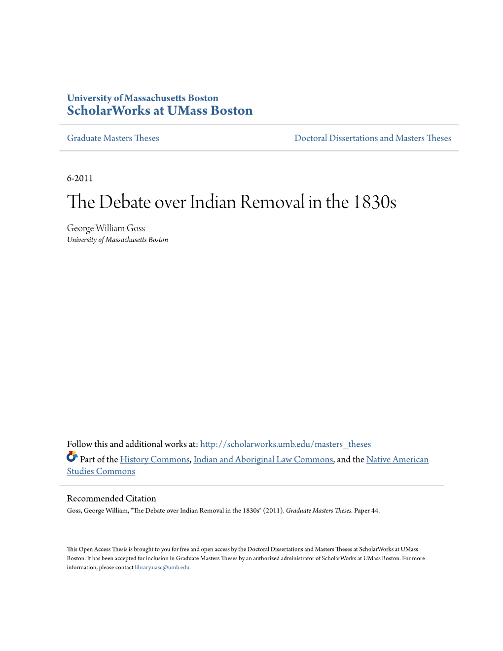 THE DEBATE OVER INDIAN REMOVAL in the 1830S